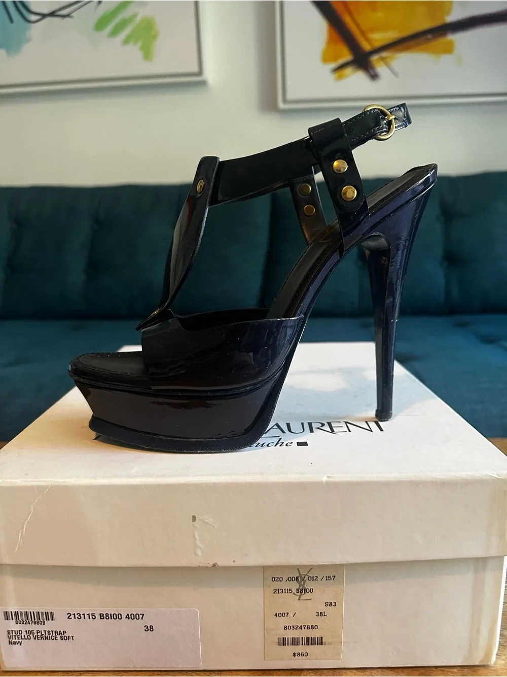 Authentic YSL Saint Laurent Women's Navy Blue Patent Platform Sandals